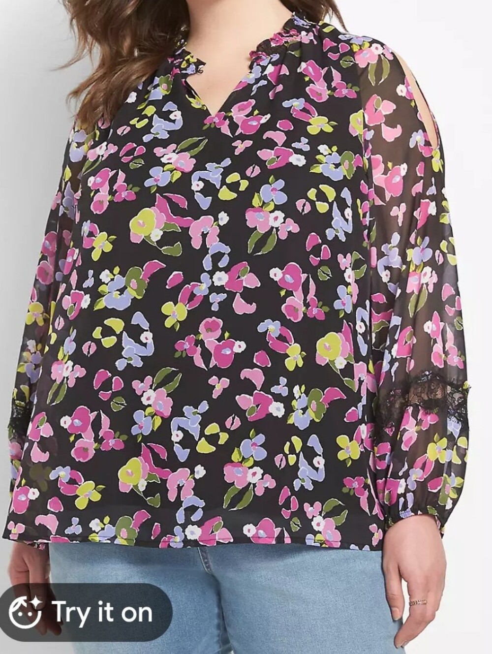 Lane Bryant Floral Cold Shoulder Blouse Smocked Neck Lace Detail Black Pink 22